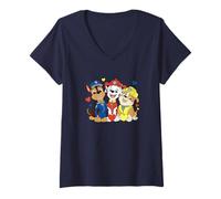 Femme Paw Patrol Pup Trio Sitting With Colorful Hearts T-Shirt avec Col en V
