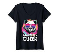 Femme Pawfectly Queer Panda avec Lunettes de Soleil Drapeau bisexuel T-Shirt avec Col en V