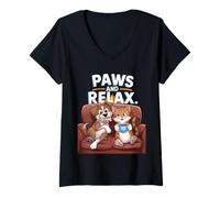 Femme Paws And Relax Dessin animé Chat Chien Café Canapé Scène Drôle Pun T-Shirt avec Col en V