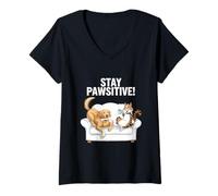Femme Paws and Relax Dessin animé Chat Chien Café Canapé Scène Drôle Pun T-Shirt avec Col en V