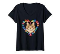 Femme Paws Dye Heart Norwegian Forest Cat T-Shirt avec Col en V