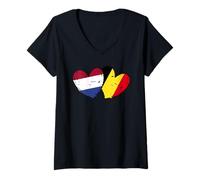 Femme Pays-Bas Belgique Love Heart Dutch Belge Double Drapeau T-Shirt avec Col en V