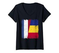 Femme Pays-Bas Roumanie Demi Drapeau Roumanie Patrimoine Roumain néerlandais T-Shirt avec Col en V
