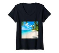 Femme Paysage côtier Turquoise Plage Tropicale littorale T-Shirt avec Col en V
