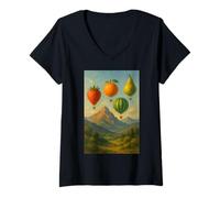 Femme Paysage de montgolfière aux Fruits surréalistes T-Shirt avec Col en V