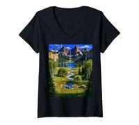 Femme Paysage de Vallée et Cascade T-Shirt avec Col en V