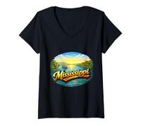 Femme Paysage du Coucher du Soleil du fleuve Mississippi T-Shirt avec Col en V