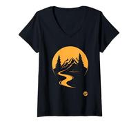 Femme Paysage minimaliste avec montagnes rivière arbres et soleil T-Shirt avec Col en V