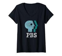 Femme PBS Blue Teal and White Logo Public Broadcasting Service T-Shirt avec Col en V