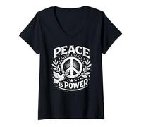 Femme Peace is Power Retro Dove Laurel Panneau de Paix Unity Love Art T-Shirt avec Col en V