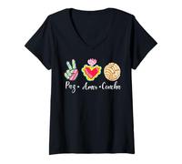 Femme Peace, Love and Concha Pan Dulce Mexican Baked Concha Pastry T-Shirt avec Col en V