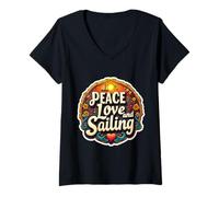 Femme Peace Love And Sailing Lover Propriétaire de bateau à voile Vintage T-Shirt avec Col en V