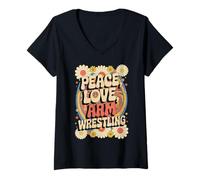 Femme Peace Love Arm Wrestling, catcheur à bras rétro hippie des années 60 et 70 T-Shirt avec Col en V