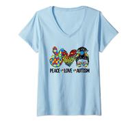 Femme Peace Love Autism Mom Life Chignon désordonné Bleu Sensibilisation à l'autisme T-Shirt avec Col en V