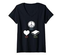 Femme Peace Love Books Lecture Book Lover Teacher Book Nerd T-Shirt avec Col en V