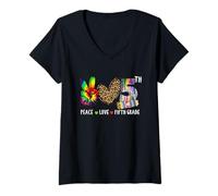 Femme Peace Love Crayon Tie Dye 5e année Motif léopard T-Shirt avec Col en V