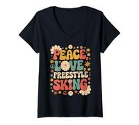 Femme Peace Love Freestyle Skier rétro années 70 T-Shirt avec Col en V