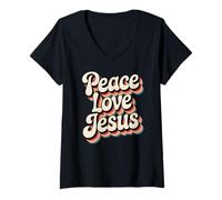 Femme Peace Love Jesus Arc-en-Ciel rétro des années 60 Boho Hippie Christian T-Shirt avec Col en V