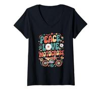 Femme Peace Love Motocross Rider Retro 60s 70s Hippie Retro Motocross Rider T-Shirt avec Col en V
