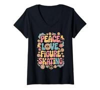 Femme Peace Love Patineuse artistique rétro des années 60 et 70 T-Shirt avec Col en V