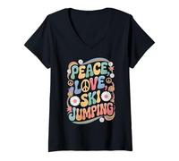 Femme Peace Love Pull de ski rétro style années 60 70 T-Shirt avec Col en V