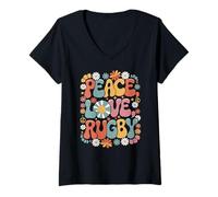 Femme Peace Love Rugby Joueur de rugby rétro années 60 et 70 T-Shirt avec Col en V