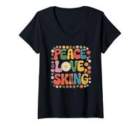 Femme Peace Love Ski Hippie Retro Skier années 60 70 T-Shirt avec Col en V