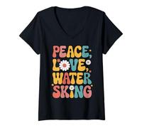 Femme Peace Love Ski nautique rétro années 60 70 Hippie Retro T-Shirt avec Col en V