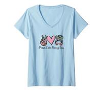 Femme Peace Love Teaching with Messy Bun Funny Teacher Quote T-Shirt avec Col en V