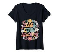 Femme Peace Love Wrestling, catcheur rétro hippie des années 60 et 70 T-Shirt avec Col en V