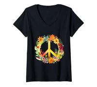 Femme Peace Sign World Love Flowers Hippie Groovy Vibes Coloré T-Shirt avec Col en V