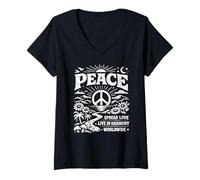 Femme Peace Spread Love Live in Harmony Worldwide Retro Nature T-Shirt avec Col en V