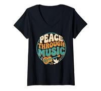 Femme Peace Through Music Guitare rétro Motif Colombe T-Shirt avec Col en V