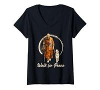Femme Peace Walking Monks and Aloka Dog Walk for Peace T-Shirt avec Col en V