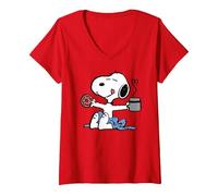 Femme Peanuts - Donut Coffee Snoopy T-Shirt avec Col en V, Rouge, L