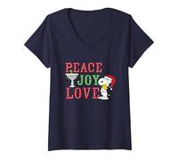 Femme Peanuts Snoopy de Noël Tenant Woodstock Peace Joy Love T-Shirt avec Col en V, Bleu Marine, XL