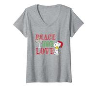 Femme Peanuts Snoopy de Noël Tenant Woodstock Peace Joy Love T-Shirt avec Col en V, Gris Chiné, M