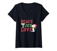 Femme Peanuts Snoopy de Noël Tenant Woodstock Peace Joy Love T-Shirt avec Col en V, Noir, L