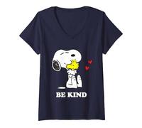 Femme Peanuts Snoopy Hugging Woodstock Be Kind T-Shirt avec Col en V, Bleu Marine, L