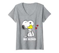 Femme Peanuts Snoopy Hugging Woodstock Be Kind T-Shirt avec Col en V, Gris Chiné, M