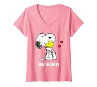Femme Peanuts Snoopy Hugging Woodstock Be Kind T-Shirt avec Col en V, Rose, S