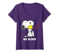 Femme Peanuts Snoopy Hugging Woodstock Be Kind T-Shirt avec Col en V, Violet, L