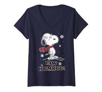 Femme Peanuts Snoopy Patte de Noël Humbug T-Shirt avec Col en V, Bleu Marine, S