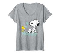 Femme Peanuts Snoopy Woodstock Cœur rétro avec Inscription « Having Fun Friends Love » T-Shirt avec Col en V