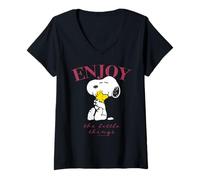 Femme Peanuts Snoopy Woodstock Enjoy Good Friends Hugs Fun Classic T-Shirt avec Col en V