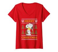 Femme Peanuts Snoopy Woodstock Ugly Retro Christmas Vintage T-Shirt avec Col en V