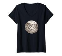 Femme Pêche à la Mouche, Truite, Gravure, Montagne, ruisseau, Illustration T-Shirt avec Col en V