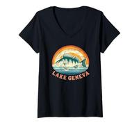 Femme Pêche à la Perche au Lever du Soleil sur Le lac Léman T-Shirt avec Col en V