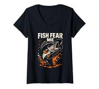 Femme Pêche à l'achigan Fish Fear Me Vintage Boys Funny Fishing T-Shirt avec Col en V