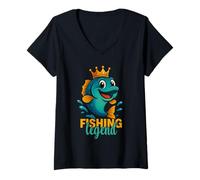 Femme Pêche Légende Roi Poisson Humour Drôle Cartoon T-Shirt avec Col en V